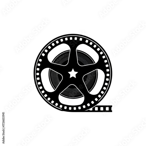 Black and white illustration of a classic film reel with a star in the center, symbolizing cinema and movie production.