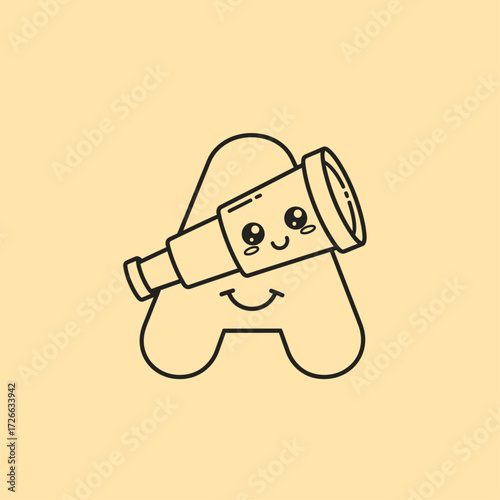 A cute cartoon letter A with a smiling face and a kawaii telescope looking up, line art on a light yellow background.