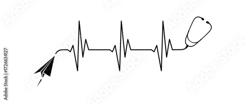 Paper airplane ekg line, stethoscope design isolated on white background. Healthcare symbol to use for health industry, cardiology, medical care, hospital, health science projects.