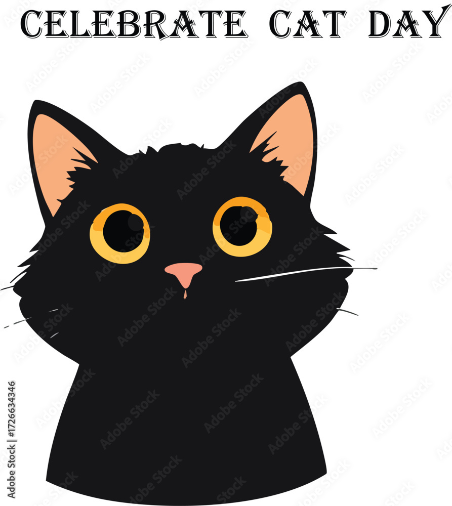 Fototapeta premium Cute black cat cartoon illustration for Cat Day celebration, wide-eyed feline vector with pink accents for pet and holiday themes
