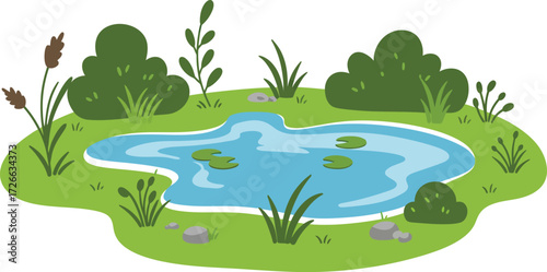 Vibrant cartoon pond landscape with lush greenery reeds and clear blue water reflecting the sky perfect for nature themes isolated on transparent background