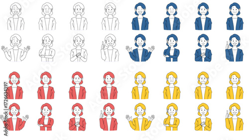中年女性の表情とジェスチャーアイコンセット ビジネスや教育に使えるイラスト