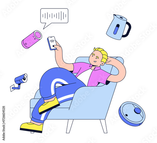 Young man controls devices with smart home technology