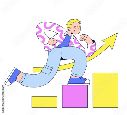 Young man running up increasing chart 