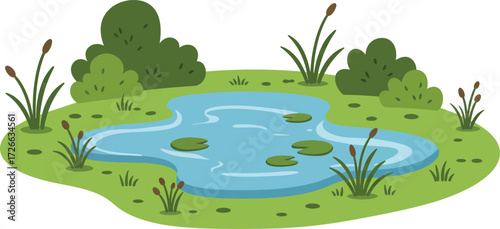 Serene pond scene with lush greenery water lilies and aquatic plants ideal for nature and eco themed projects isolated on transparent background