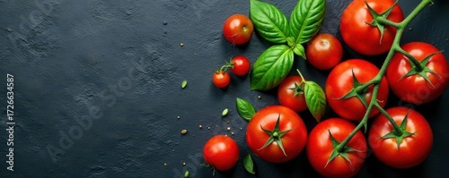 Cherry tomatoes and basil arranged artfully on a black slate background, food, fresh, edible