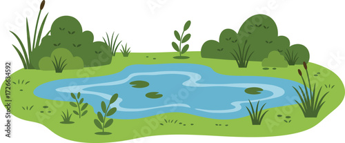Serene pond ecosystem with aquatic life and lush greenery vibrant nature scene for design and illustration projects isolated on transparent background