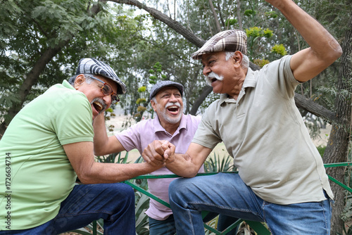 Fotografija Group of indian happy retired elderly men arm wrestle outdoors at park