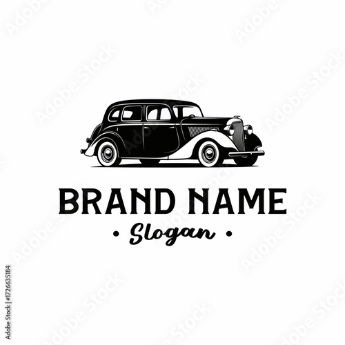 Black and white vintage car logo with brand name and slogan text below it.