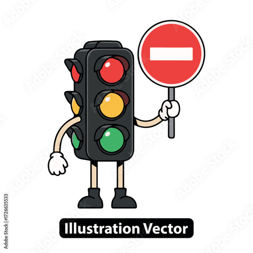 Cartoon traffic light character holding a round red stop sign for road safety and traffic control