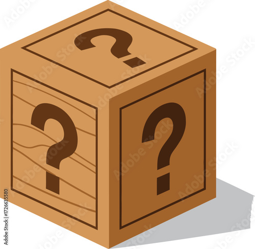 Mystery surprise box icon with question marks embossed on wooden crate style packaging isolated on transparent background