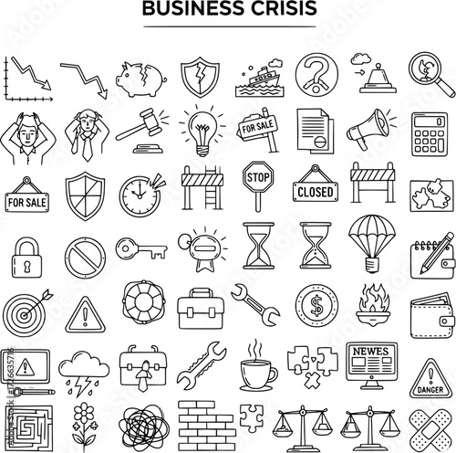Comprehensive Business Crisis Outline Icons Set: Economic Downturn, Financial Problems, Solutions, Challenges, and Recovery Symbols