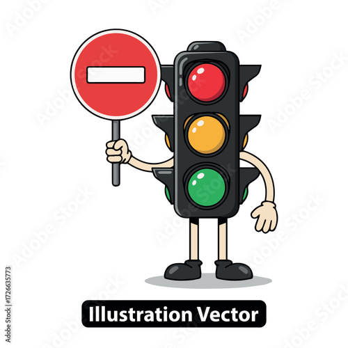 Cute cartoon traffic light character holding a red stop sign, symbolizing no entry or warning