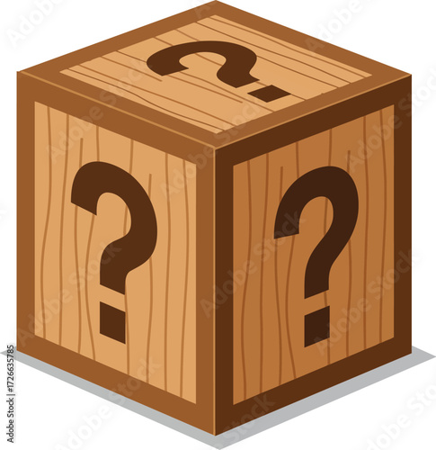 Mysterious wooden crate with question marks symbolizing surprise or unknown contents ideal for games and contests isolated on transparent background