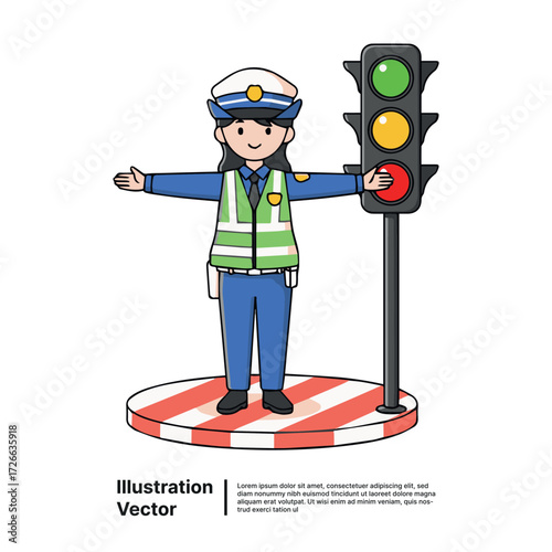 Traffic police officer directing traffic with traffic light in a cartoon illustration