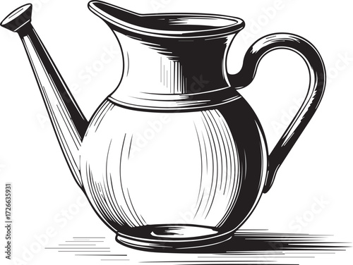 Vintage Watering Can Illustration: A detailed illustration showcases a classic watering can with a sleek spout and elegant handle, symbolizing nurturing and growth in garden.