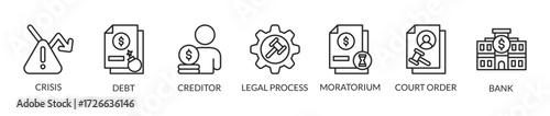 Bankruptcy Concept with vector icons. Bankruptcy is a legal process through which people or other entities who cannot repay debts to creditors may seek relief from some or all of their debts