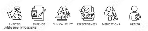 Banner clinical research concept Science, chemistry, technology vector illustration with icons and keywords