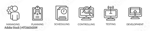 Banner release managing vector illustration concept with icons and keywords