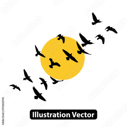 Silhouetted Birds Flying Towards the Sun A Vector Graphic of Tranquility and Nature