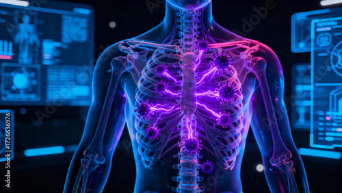 Genetic screening for cancer visualized in digital human chest with virus and glowing effects