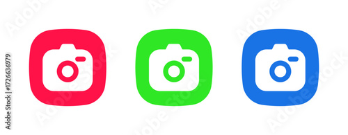 A set of three colorful icons (red, green, blue) featuring a camera lens, representing the Camera App/Photography feature for taking photos and videos.