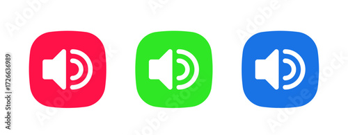A set of three colorful icons (red, green, blue) showing a speaker with sound waves, indicating the Loud Speaker/Sound On feature for general device audio output.