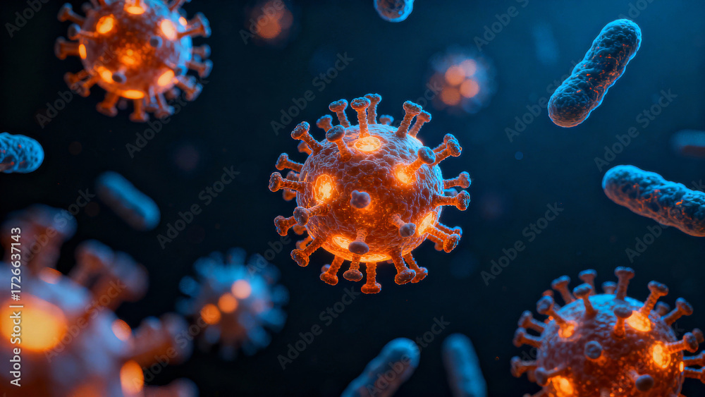 Obraz premium Genetic screening for cancer visualized with virus and bacteria under microscope in blue light