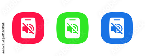 A set of three colorful icons (red, green, blue) showing a smartphone with a disabled speaker symbol, representing the Mute/Silent Mode feature to completely silence the device.
