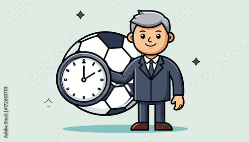 Mature businessman with soccer ball and clock illustration