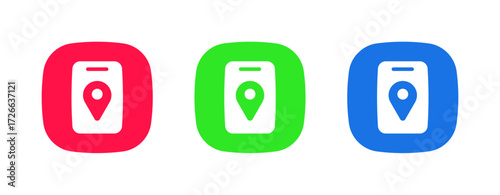 A set of three colorful icons (red, green, blue) featuring a smartphone with a location pin, representing the GPS/Location Services feature for navigation and geo-tagging.