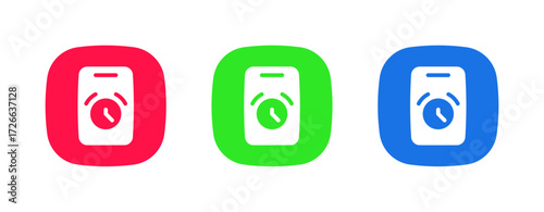 A set of three colorful icons (red, green, blue) featuring a smartphone with an alarm clock, representing the Alarm/Time Setting feature for scheduling wake-up calls or reminders.