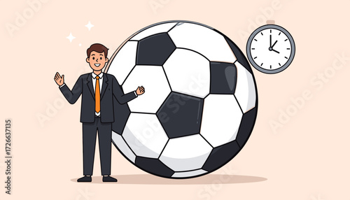 Businessman with giant soccer ball and clock