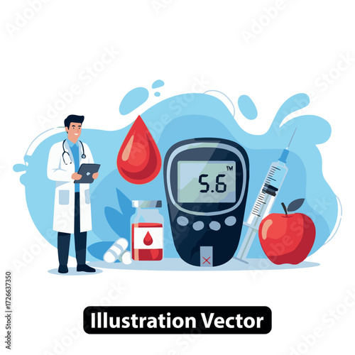 Diabetes Management Illustration of Blood Sugar Monitoring, Insulin, Diet, and Healthcare