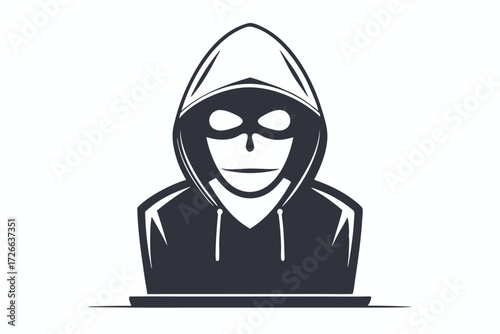 Hooded malefactor intently manipulates a laptop while ominous jagged lines highlight sinister intent