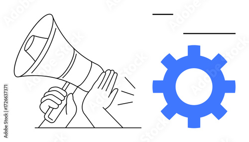 Hand gripping megaphone for amplifying messages, paired with gear icon. Ideal for teamwork, innovation, productivity, leadership, business strategy, communication collaboration. A simple flat