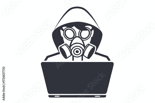 Hooded person wearing a gas mask is typing on laptop to create cyber security