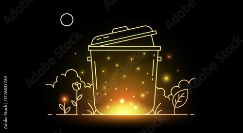 Photo of stylized illustration of a glowing trash can or bin with a lid, surrounded by magical sparkles, plants, and clouds against a dark background, symbolizing recycling or waste management