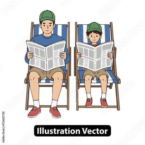 Generations connect through shared reading, leisure activity on comfortable striped beach chairs