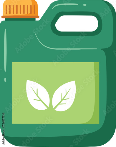 Green liquid container with leaf symbol represents eco-friendly product or fertilizer for agriculture and gardening needs isolated on transparent background