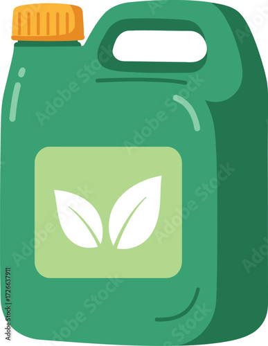 Green plastic canister with leaf symbol for eco-friendly liquid products advertising and design resources isolated on transparent background