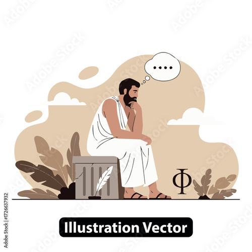Philosopher Deep in Thought Contemplating Life's Mysteries with Symbols of Ancient Wisdom