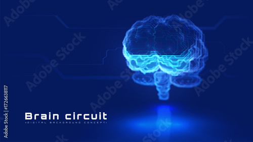 Glowing neon brain circuit on blue background.