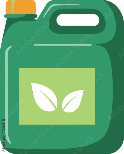Green plastic jerry can with leaf symbol for eco-friendly liquid products ideal for agriculture and cleaning applications isolated on transparent background