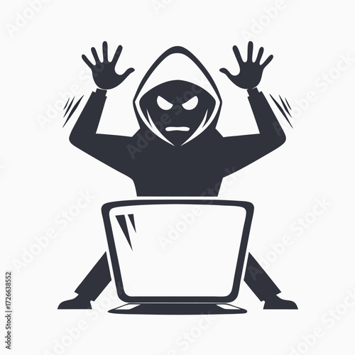 Hooded silhouette figure before a computer displays hands, creating an impression of being captured on screen