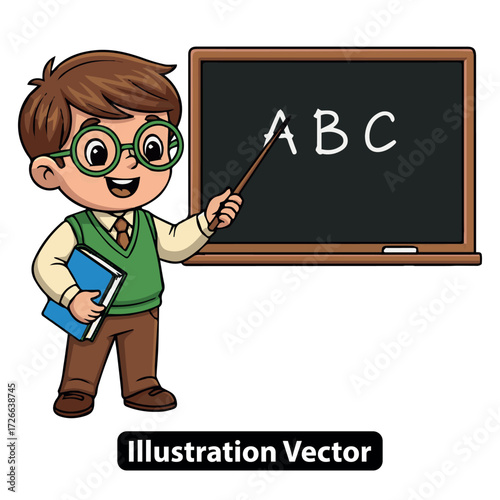 Cute schoolboy with pointer stick and book standing in front of a blackboard with ABC written on it