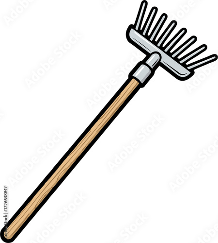 Simple Illustration of a Garden Rake with Wooden Handle