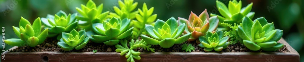 Obraz premium Close-up of ferns and succulents in wooden planter, greenery, wooden planter, plant arrangement