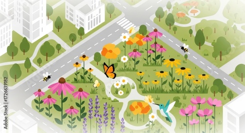 Photo of an aerial view illustration of an urban park with diverse flowers, trees, and green spaces, attracting butterflies, bees, and hummingbirds, symbolizing biodiversity and nature in the city