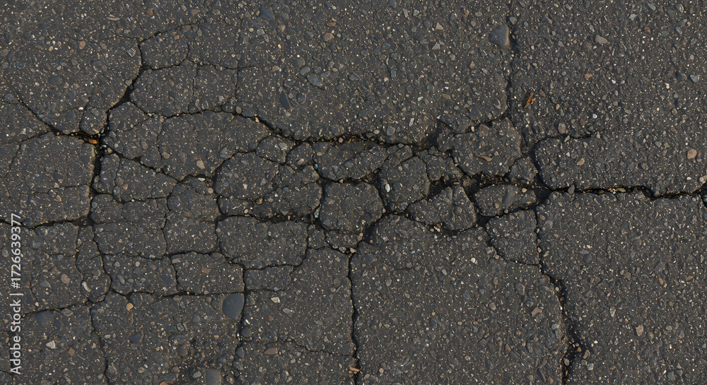 Obraz premium Cracked Asphalt Pavement Texture Detailed Surface with Fractures, Imperfection, Damage, and Black Road Texture.